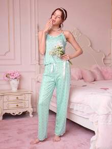 Bonmuse Ruffle Trim Polka Dot Print Camisole And Long Pants Pajama Set Polka Dot Pajama Set Women Nightwear Pajama Sets For Women Sleeveless Sleeveless Pajama Set Women Pajama Set - Green - View 4