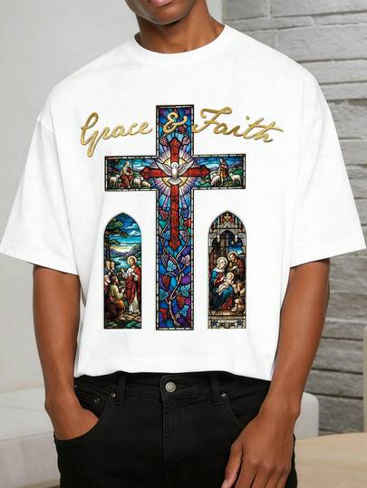 Manfinity EMRG Young Men's Street Style Casual Loose Short Sleeve T-Shirt With Minimalist Star & Letter Print, Suitable For Daily Wear, Leisure, Sports, Fashion Outfit, Street Style; Gift For Holidays, Boyfriend