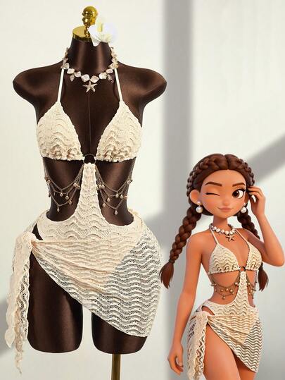 Zestiva 2026年热销两件套女士连体泳衣，泳衣+罩衫，性感复古优雅度假沙滩派对泳池套装，挂脖镂空设计配金属链条，杏色波浪纹面料，沙滩俱乐部