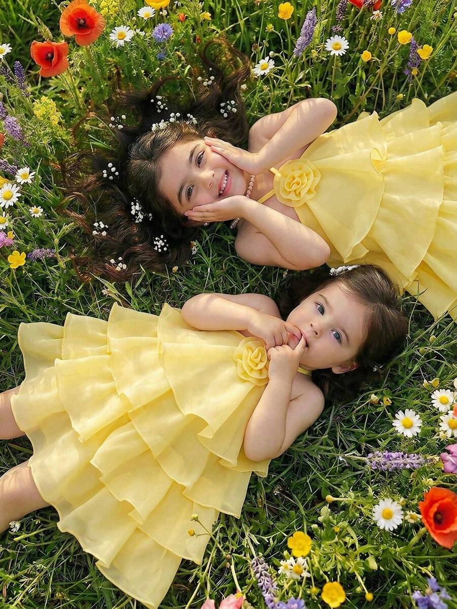 Babygirl Cute & Elegant Yellow Ruffle Floral Sleeveless Dress Spring Baby Dresses Vestidos Elegantes Para Fiesta - Black - View 1