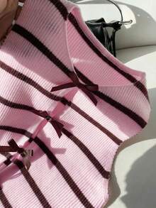 Comfortcana 女士休闲简约粉棕条纹蝴蝶结装饰无袖针织上衣，适合学生穿着 - 淺粉色 - 查看 3