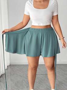 Elenzga Quần short buộc dây màu xanh bạc hà thời trang tối giản cho nữ cỡ lớn bằng vải lụa lạnh - Màu xanh Bạc hà - Xem 3