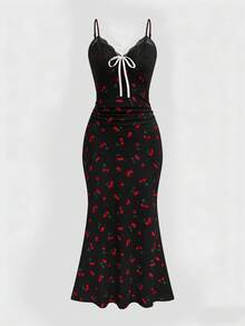Sweetra 大码女式樱桃印花蕾丝边鱼尾针织长裙 - 黑色 - 查看 1