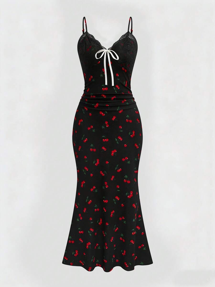 Sweetra 大码女式樱桃印花蕾丝边鱼尾针织长裙 - 黑色 - 查看 1
