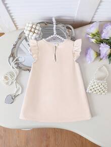 SHEIN Vestido elegante de color púrpura para niñas pequeñas para el verano, con decoración floral 3D y mangas con volantes, ligero y adecuado para uso casual, vacaciones y uso diario - Albaricoque - Ver 2