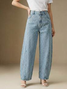 Anewsta Women's Washed Blue Spring Jeans, American Loose Wide-Leg Flared Jeans With Rhinestone And Pearl Decor - Medium Wash - View 5
