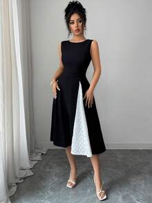 Elenzga 女士优雅通勤简约黑色圆领无袖A字蕾丝拼接修身长裙，春夏款 - 黑色 - 查看 4