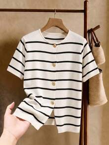 Elaquor 大码女式圆领条纹单排扣休闲日常针织短袖上衣 - 白色 - 查看 8