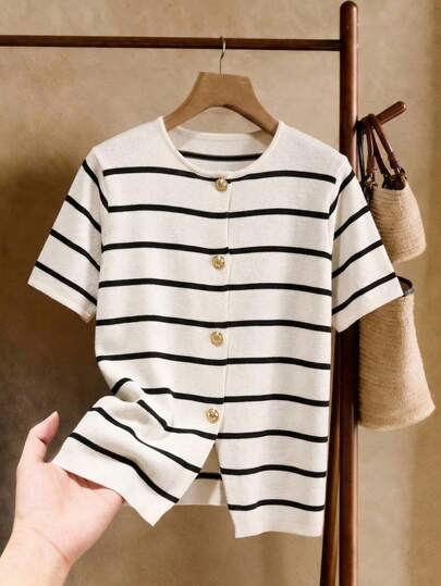 Elaquor Plus Size Women Round Neck Striped Single-Breasted Casual Everyday Knit Short Sleeve Top Spring/Summer Knit Top For Women Casual Vacation Holiday Top For Women