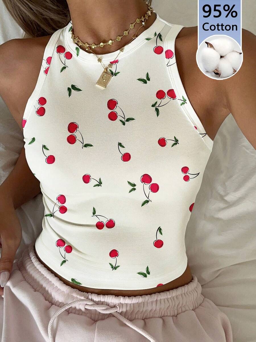 SHEIN EZwear Áo tank top nữ cổ tròn ôm sát, chất liệu 95% cotton, in họa tiết quả anh đào toàn bề mặt, kiểu dáng tối giản, thích hợp cho mùa hè, kỳ nghỉ biển, phong cách thanh lịch, Y2K. - Nhiều màu - Xem 1