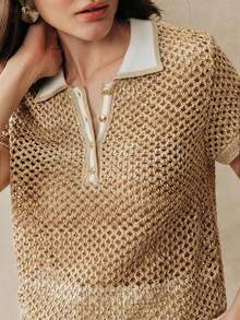 Anewsta Colorblock Linen Hollow Out Knit Polo Shirt For Women, Retro Collar Short Sleeve Top, Spring/Summer - Khaki - View 8