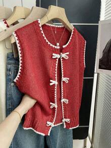 Franclia New Korean Design Contrast Stitching Layered Knit Vest For Women, Fashionable Casual Sleeveless Cardigan Sweater Top For Autumn/Winter - Redwood - View 9
