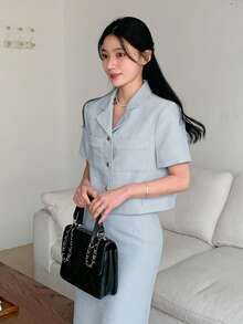 DAZY Women's Collared Short Jacket And Fitted Skirt 2 Pieces Set Summer - Blue - View 6