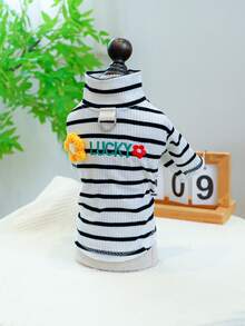 PETSIN 1pc Striped Pet High Neck Base Shirt LUCKY Embroidered Three-Dimensional Flower, With Traction D-Ring Cat And Dog Universal T-Shirt - Black and white bars - View 6