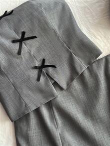 Elamini Women's Spring/Summer Square Neck Bow Tie Cropped Tight Vest & Low Waist Mini A-Line Slit Skirt Suit Set - Grey - View 4