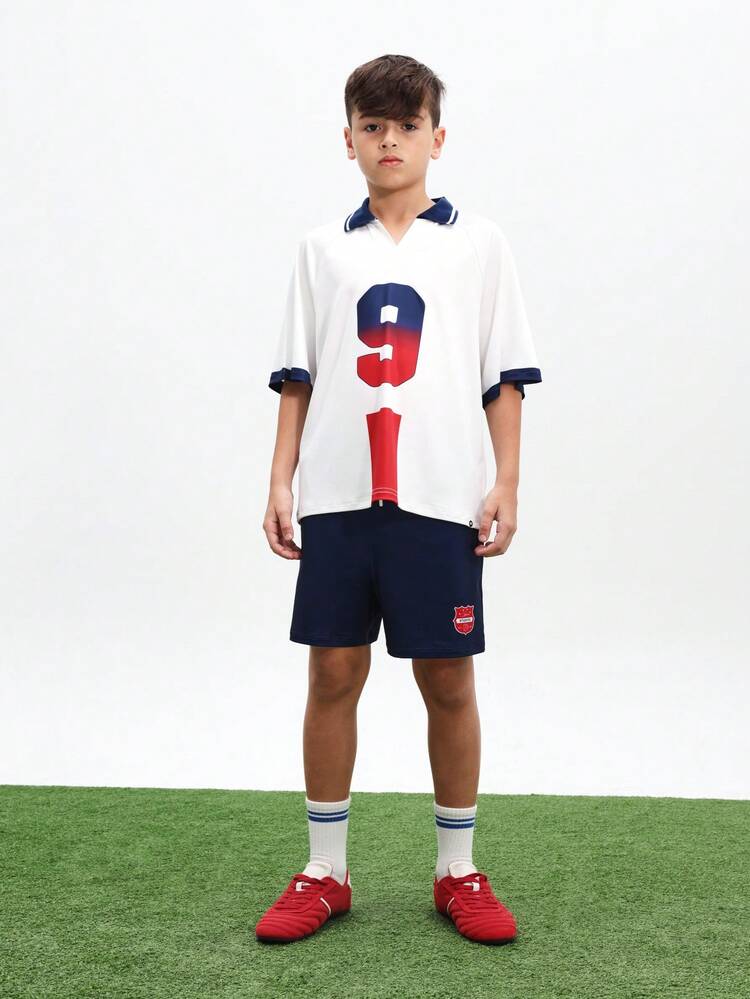 Boys England Inspired Polo Co-Ord Set White Jersey Short Sleeve Top Navy Blue Shorts Summer Casual Comfort Fit Tween Outfit