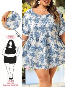 SHEIN CURVE+ Áo kiểu nữ dáng suông US22, họa tiết hoa, cổ tròn, viền bèo nhún, thích hợp cho lễ hội âm nhạc, kỳ nghỉ bên bờ biển, phong cách Bohemia. - Xanh và trắng - Xem 1