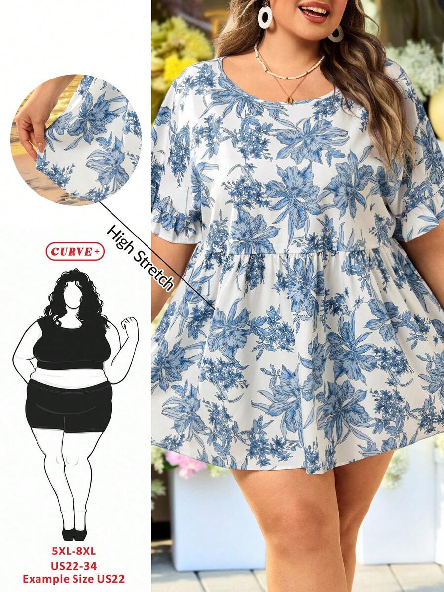 SHEIN CURVE+ Áo kiểu nữ dáng suông US22, họa tiết hoa, cổ tròn, viền bèo nhún, thích hợp cho lễ hội âm nhạc, kỳ nghỉ bên bờ biển, phong cách Bohemia. - Xanh và trắng - Xem 1