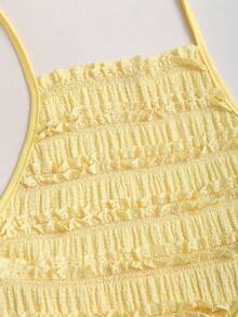 Sweetra Women's Light Yellow Pleated Spaghetti Strap Lace Halter Neck Maxi Dress, Romantic Sexy Resort Style, Spring/Summer - Yellow - View 3
