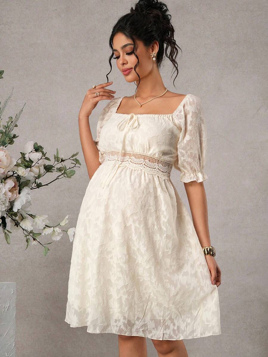 Momance Pregnant Women's Jacquard Knotted Ruched Fashionable Date Party Dress, Suitable For Summer - Apricot - View 1