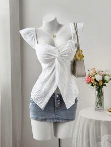 Sweetra 女士扭结V领无袖背心，夏季新款，修身腰部设计，独特优雅上衣 - 白色 - 查看 4
