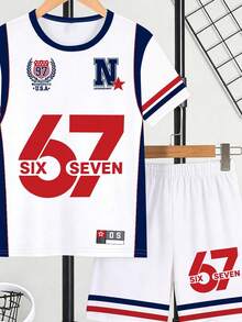 青少年男童休闲67印花短袖T恤套装 - 彩色 - 查看 5