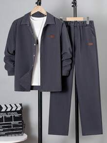 2件套青少年春季舞会新款休闲绅士单排扣灰色长袖衬衫搭配松紧腰斜插口袋休闲裤套装，Vacaura 男童套装 - 深灰色 - 查看 3