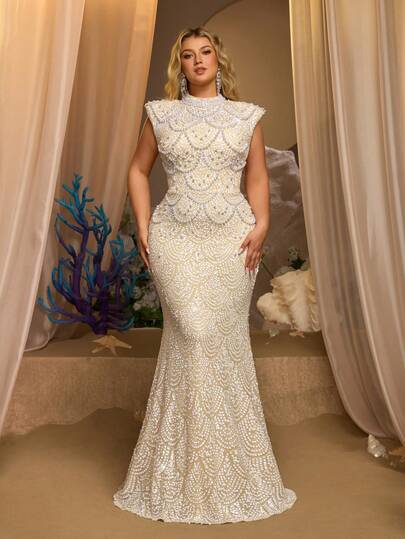 Aureia Plus Size Elegant Luxurious Beaded Embroidered Sleeveless Fitted Mermaid Hem Dress, Suitable For Evening Party, Singles Party, Date, Ball, Vacation, Wedding Ceremony, Formal Gown (Heavy Embellishment)