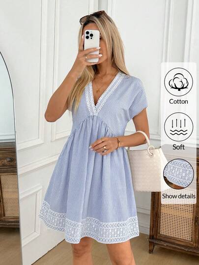 Easowa Blue & White Striped Cotton Women's Mini Dress, Lace Patchwork Short Sleeve V-Neck A-Line Blue Women's Mini Dress, Suitable For Casual Vacation, Romantic Vacation, Country Vacation, Beach Vacation, Casual Commute, Daily Casual Wear Vacation/Boho/Sexy ,Summer Dress,Spring Dresses For Women Casual Summer Dress Women Vacation Dress Picnic Dress For Woman Stripe Dress Woman Summer Dress  Spring Dress Easter Dress Women  Beach Dress  Vacation Dresses  Summer Holiday Outfits  Casual Dre Striped Dress