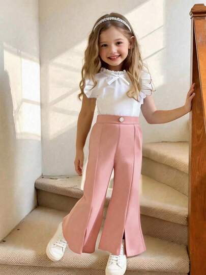 Young Girl Summer Elegant Ruffle Trim Top And Flared Split Hem Pants 2 Pieces Set