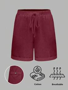 Linhara CURVE Plus Size Washed Cotton Cinched Waist Backpocket Button Decor Short Casual Top - Burgundy - View 3