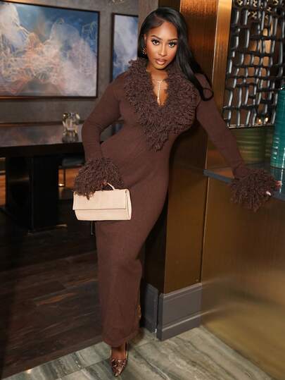 Chea Andrea VITNOS Fall/Winter Collection Women's Dark Brown Color Long Sleeve Fur Collar Bodycon Deep V-Neck Sweater Fall Winter Outfits For Women, Holiday Vacation Dress, New Year's Outfit, Party, Night Out, Dates, Cute Costume For Women, Wedding Guest, Graduation Prom Dress, Business Casual Dress For Women, Teacher's Outfit, Luxury Evening Dresses For Women, Elegant Dress For Parties, Birthday Outfit,Brown Sweater