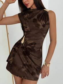 Aloruh 女士优雅棕色扎染花卉印花金属装饰褶皱下摆迷你连衣裙，棕色花卉连衣裙，度假连衣裙，夏季派对及节日服装，女士夏季连衣裙，女士节日服装，复古风，女士休闲连衣裙，Old Money - 白色 - 查看 4