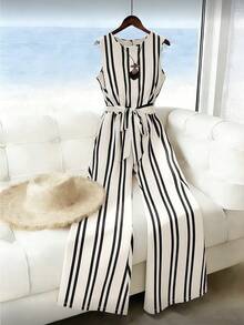 GlowEve CURVE Mono holgado sin mangas a rayas de talla grande, moda de verano - Caqui - Ver 1