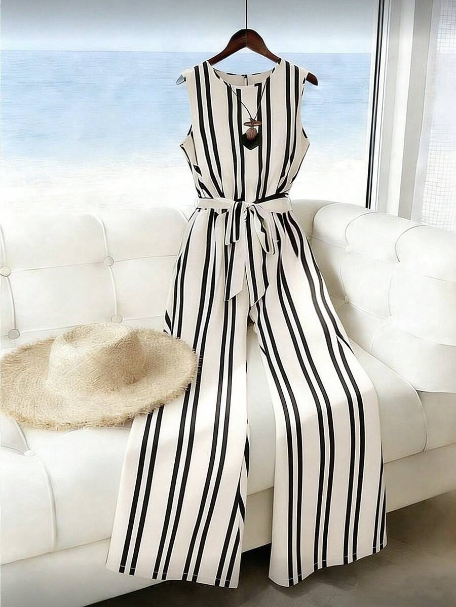 GlowEve CURVE Mono holgado sin mangas a rayas de talla grande, moda de verano - Caqui - Ver 1