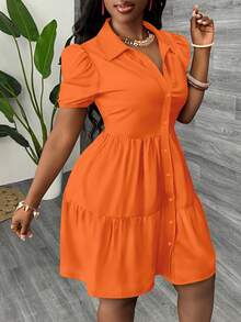 Slaydiva 大码夏季休闲纯色花瓣袖前开襟纽扣连衣裙，适合夏季穿着，橙色夏日连衣裙，橙色度假连衣裙，橙色沙滩连衣裙，女士连衣裙，橙色短袖夏日连衣裙，女士度假套装，女士夏季连衣裙，女士夏季套装，女士休闲连衣裙 - 彩色 - 查看 4