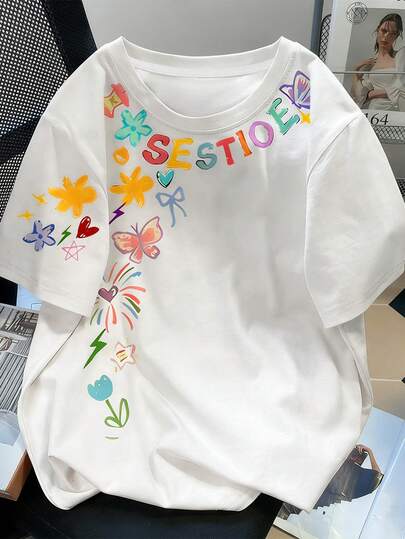 Resyla 多巴胺灵感彩色涂鸦花卉蝴蝶印花短袖T恤，Y2K风格趣味涂鸦字母印花宽松T恤，甜美女孩彩色花卉蝴蝶印花休闲圆领T恤，美式复古涂鸦花卉印花宽松短袖T恤，夏季假日彩色涂鸦印花休闲圆领上衣