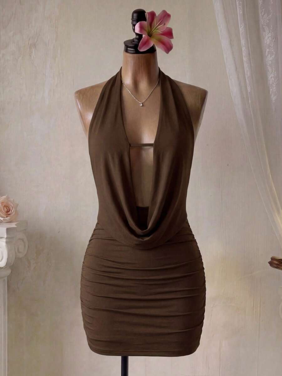 Femesol Women's Tie Neck Ruffle Bodycon Elegant Summer Fits Prom Dress - Coffee Brown - View 1