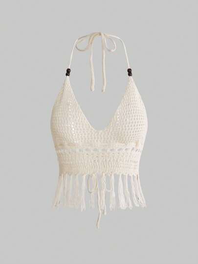 ROMWE Women's Hippie Vacation Sexy Hollow Out Spaghetti Strap Knit Tassel Hollow Knit Blouse