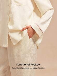 LUVLETTE Spring And Summer Comfortable Cream Satin Pajama Set - Loose-Fit Long-Sleeve Top & Pants With Red Trim All-Day Cozy Lounge Wear Pyjama - Apricot - View 8