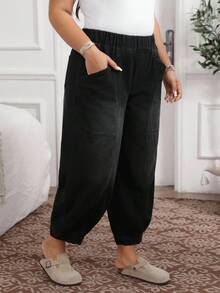 EMERY ROSE Plus Size Casual Fashion Everyday Washed Elastic Waist Jeans Casual Street Patchwork Pocket Loose Wide Leg Jeans Women Jeans Baggy Loose Jeans Barrel Leg/Barrel-Leg Jeans - Black - View 5