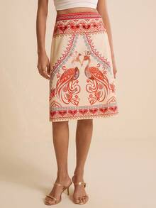 LOTSLUV 女士杏色和橙色半身裙，饰有心形和孔雀图案、刺绣和串珠装饰，适合春夏穿着。 - 橘色 - 查看 3