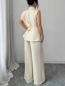 SHEIN Elenzya 女士优雅杏色奢华正式礼服套装，亮片欧根纱荷叶边领系腰西装套装，包括无袖外套和直筒裤，酒红色，适合万圣节、圣诞节、新年派对、毕业典礼、婚礼和其他场合。 - 杏色 - 查看 2