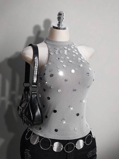 SHEIN ICON Plus Size Dam Paljettprydd Grå Halter Stickad Topp