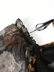 Seusyu 女士方领收腰长袖网纱印花浪漫百搭大码上衣 - 彩色 - 查看 7