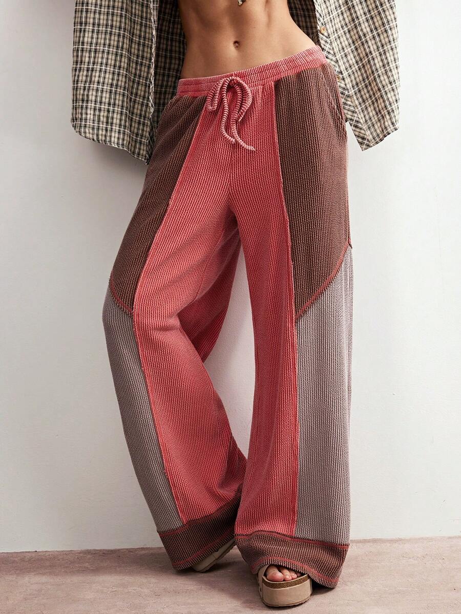 Bohemela Women's Casual Knit Patchwork Loose Straight Leg Pants - Pink - View 1