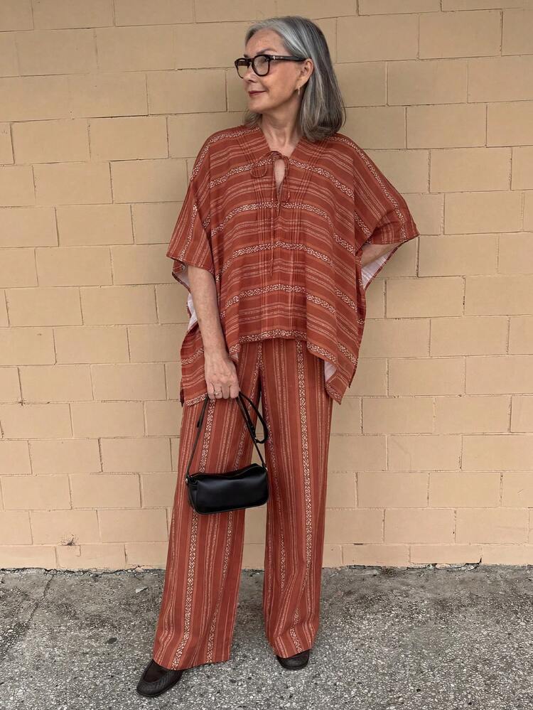 2pcs Women Floral Print Striped Loose Drawstring Asymmetric Hem Camisole & Wide Leg Pants Casual Vacation Suit, Spring/Summer