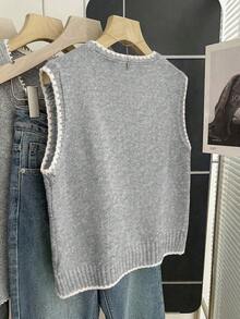 Franclia New Korean Design Contrast Stitching Layered Knit Vest For Women, Fashionable Sleeveless Cardigan Top For Autumn/Winter - Light Grey - View 2