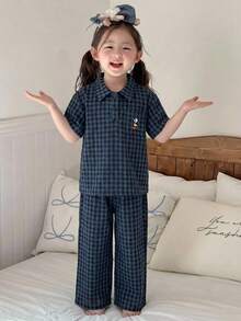 Dazy Kids Girls' Plaid Embroidered Long Sleeve Top And Pants Loungewear Set, Fall - Navy Blue - View 5