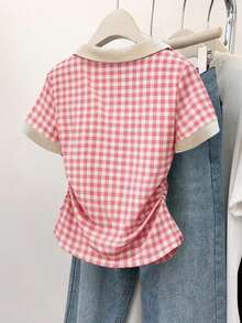 Resyla 粉色格子数码印花时尚简约女式修身Polo领T恤，送朋友的礼物 - 白色 - 查看 2